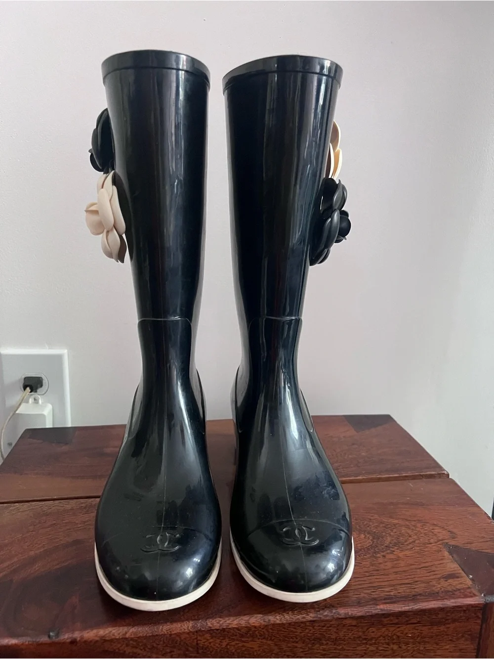 Women's Black Rain Boots with Cream and Black Camellias - Picture 3 of 11